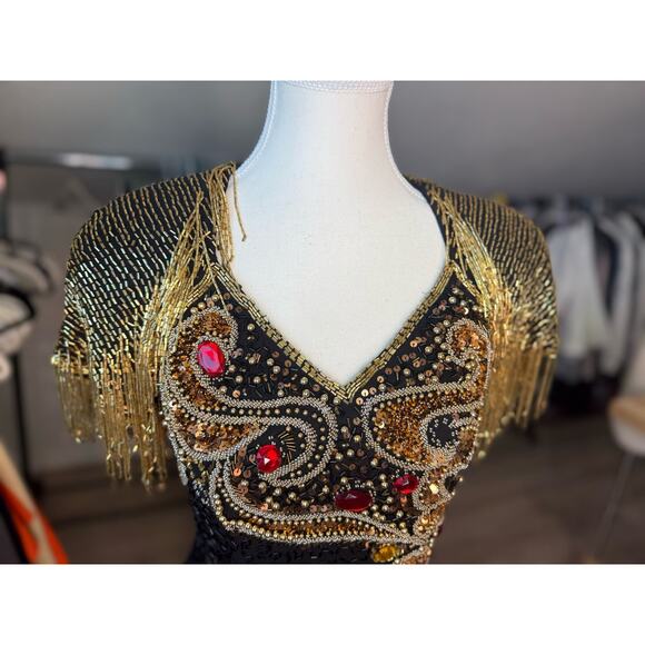 Vintage Ornate Fringe Beaded Cocktail Black Gold Embellished Party Dress Size 4 - Picture 15 of 16